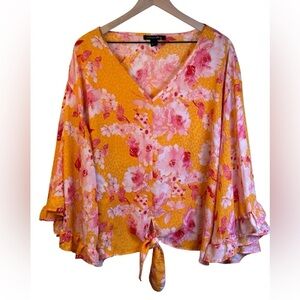 A Love Story Yellow Pink Floral Top Flowy Sleeves V-neck Size 3X